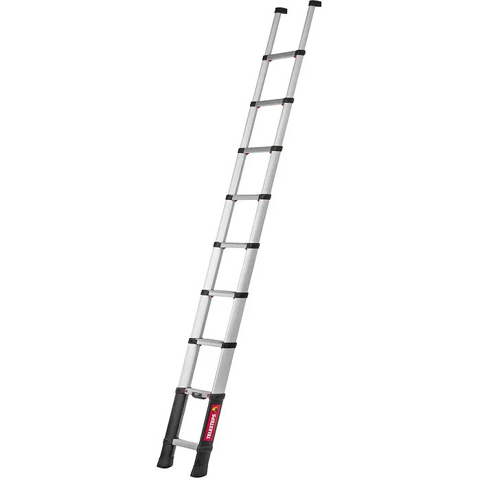 Iller Leiter Teleskopleiter Teleskop Telesteps PRIME LINE eloxiert mit Dreikant Holmprofil 13 Stufen - Anzahl Tritte: 13 Stk., Arbeitshöhe: 4.900 m, Aluminium - Silberne Teleskopleiter mit schwarzen Füßen und roten Akzenten, vollständig ausgefahren.