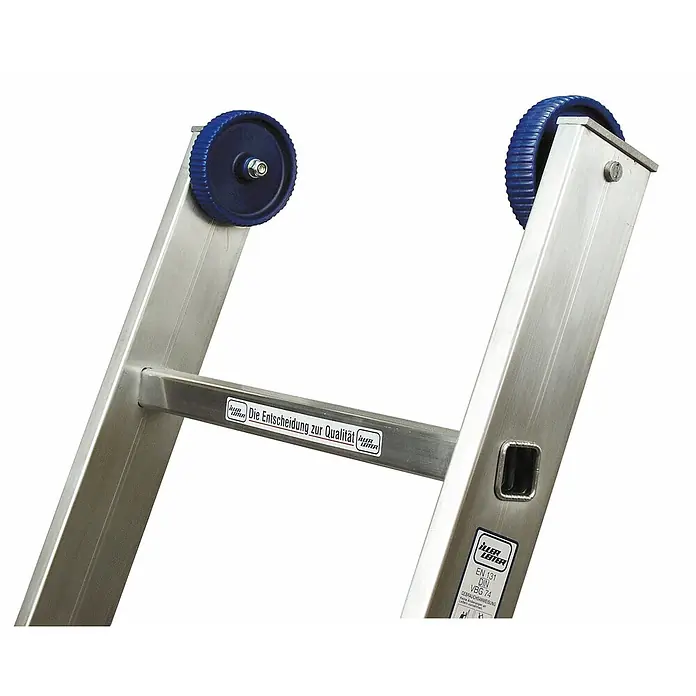 Iller Leiter Teleskopleiter Sprossen Schiebe 2x10 Sprossen - Anzahl Tritte: 10 Stk., Arbeitshöhe: 6.150 m, Aluminium - Aluminium-Anlegeleiter mit blauen Rollen am oberen Ende zum einfachen Anlegen an Wände oder Dächer.