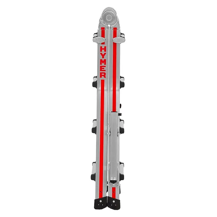 Hymer Teleskopleiter Teleskopleiter Telestep 4x4 Sprossen - Anzahl Tritte: 4 Stk., Arbeitshöhe: 5.000 m, Aluminium - Silberne Aluminium-Teleskopleiter mit roten Streifen, zusammengeklappt.