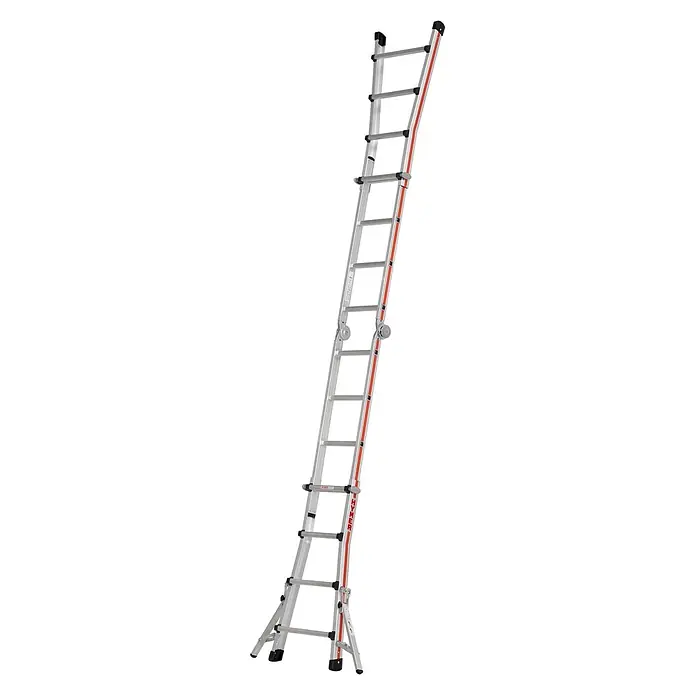 Hymer Teleskopleiter Teleskopleiter Telestep 4x4 Sprossen - Anzahl Tritte: 4 Stk., Arbeitshöhe: 5.000 m, Aluminium - Silberne Aluminium-Mehrzweckleiter mit roten Akzenten, in einer verstellbaren A-Konfiguration aufgestellt.
