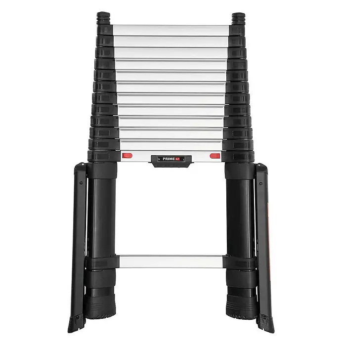 Telesteps Teleskopleiter Anlegeleiter Prime Line 11 Stufen - Anzahl Tritte: 11 Stk., Arbeitshöhe: 4.300 m, Belastbarkeit: 150 kg, Aluminium - Kompakte silber-schwarze Teleskopleiter, teilweise als A-Rahmen ausgefahren.