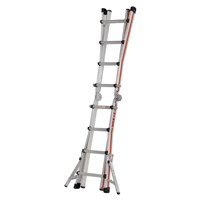 Hymer Teleskopleiter Teleskopleiter Telestep 4x4 Sprossen - Anzahl Tritte: 4 Stk., Arbeitshöhe: 5.000 m, Aluminium - Silberne Aluminium-Mehrzweckleiter mit roten Akzenten, für verschiedene Konfigurationen einstellbar.