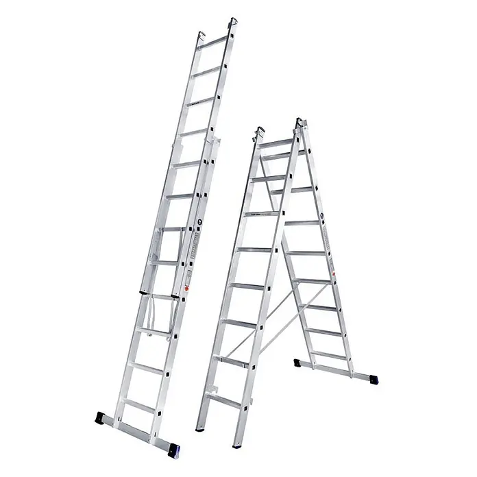 Iller Leiter Mehrzweckleiter Mehrzweck Eurostars 2x12 Sprossen - Anzahl Tritte: 12 Stk., Arbeitshöhe: 7.000 m, Aluminium - Zwei vielseitige Aluminiumleitern; eine ausgefahren, eine als Stehleiter im A-Profil.