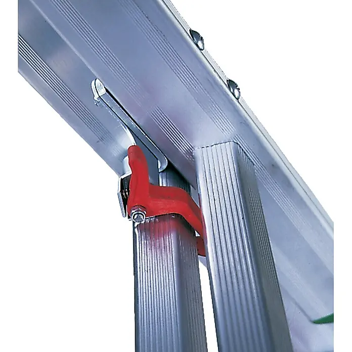 Facal Mehrzweckleiter Mehrzweckleiter DAMA 3-teilig 3x11 Sprossen - Anzahl Tritte: 11 Stk., Arbeitshöhe: 9.240 m, Aluminium - Roter Verriegelungshaken sichert silberne Aluminium-Leitersektion.