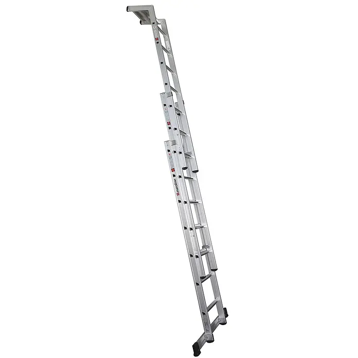 Euroline Mehrzweckleiter Premium 329 Plakatleiter 3x9 Sprossen - Anzahl Tritte: 9 Stk., Arbeitshöhe: 7.100 m, Aluminium - Silberne ausziehbare Aluminium-Mehrzweckleiter mit schwarzen Antirutschfüßen und einer Arbeitsplattform.