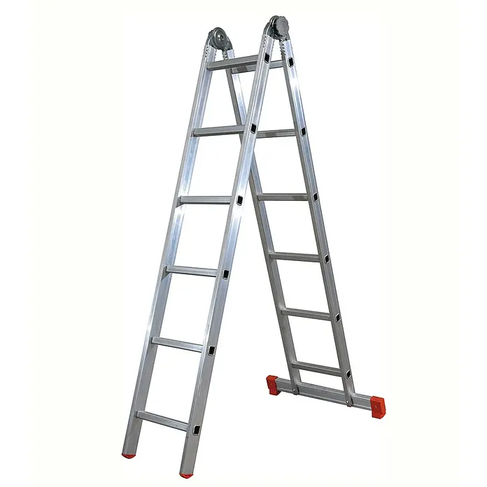 Facal Mehrzweckleiter Vielzweckleiter S300 7+7 Sprossen - Anzahl Tritte: 14 Stk., Arbeitshöhe: 5.220 m, Aluminium - Silberne Aluminium-Mehrzweckleiter in A-Form, mit roten Sicherheitsfüßen.