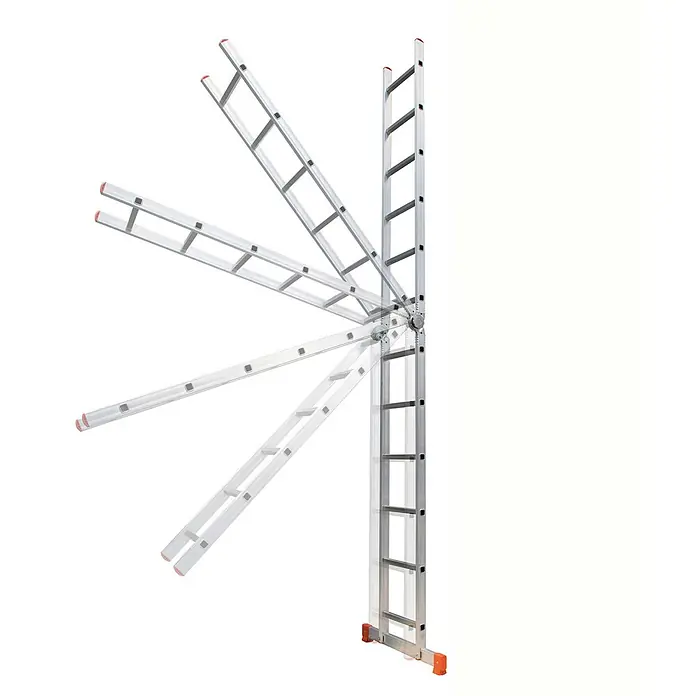 Facal Mehrzweckleiter Vielzweckleiter S300 7+7 Sprossen - Anzahl Tritte: 14 Stk., Arbeitshöhe: 5.220 m, Aluminium - Silberne Aluminium-Mehrzweckleiter mit orangefarbenen Kappen, in verschiedenen einstellbaren Konfigurationen.