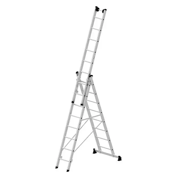 Munk Mehrzweckleiter Mehrzweckleiter mit Nivello® Traverse 3x8 Sprossen - Anzahl Tritte: 8 Stk., Arbeitshöhe: 6.900 m, Aluminium - Silberne Mehrzweck-Ausziehleiter in A-Form mit schwarzen Fußkappen.