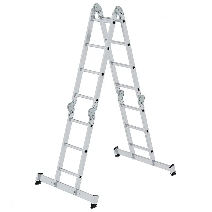 Munk Mehrzweckleiter Vielzweckleiter mit Nivello® Traverse und Holzbelag 2x3 + 2x4 Sprossen - Arbeitshöhe: 5.300 m, Aluminium - Silberne Aluminium-Mehrzweckleiter in A-Form-Konfiguration mit Gelenkscharnieren.