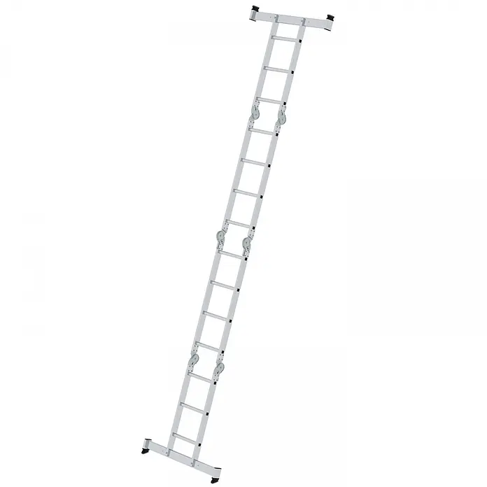 Munk Mehrzweckleiter Vielzweckleiter mit Nivello® Traverse und Holzbelag 2x3 + 2x4 Sprossen - Arbeitshöhe: 5.300 m, Aluminium - Silberfarbene Aluminium-Ausziehleiter mit integrierten Rollen zur einfachen Höhenanpassung.