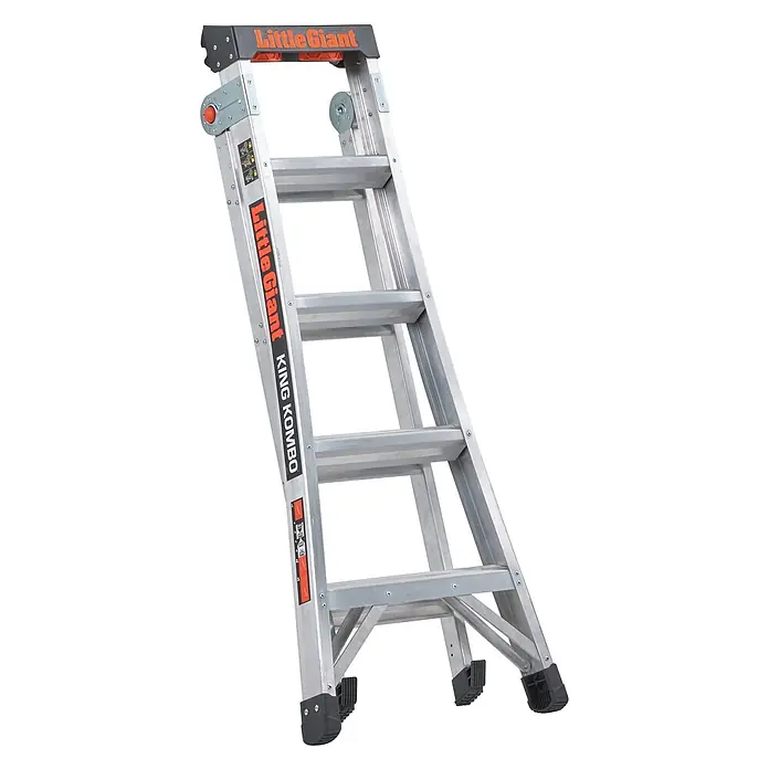 Altrex Mehrzweckleiter King Kombo 3-in-1 Stehleiter mit 5+3 Stufen - Anzahl Tritte: 8 Stk., Arbeitshöhe: 3.500 m - Silberne Aluminium-Mehrzweckleiter mit schwarzen Füßen und orangefarbenen Akzenten, Modell "Little Giant King Kombo".