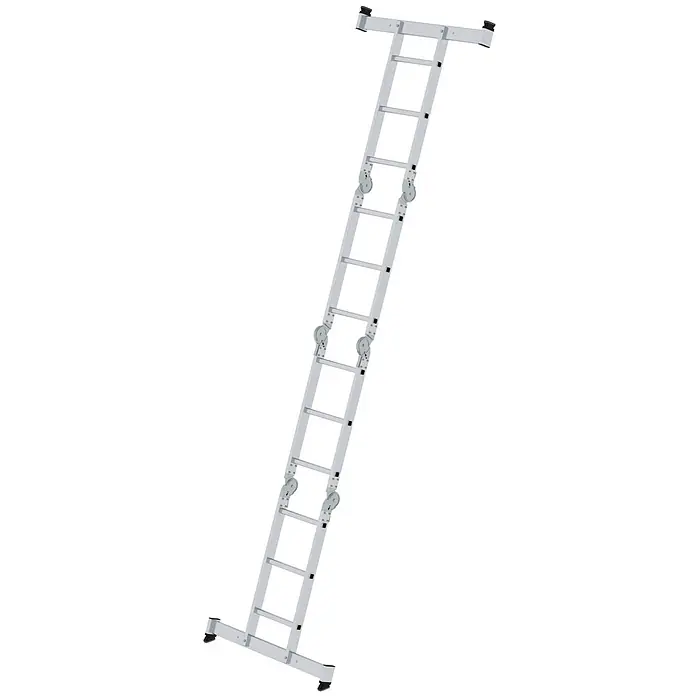 Munk Mehrzweckleiter Vielzweckleiter mit Nivello® Traverse 4x3 Sprossen - Anzahl Tritte: 3 Stk., Arbeitshöhe: 4.800 m, Aluminium - Silberne Aluminium-Anlegeleiter mit rutschfesten Füßen und Rollen.