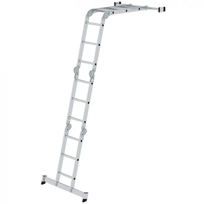 Munk Mehrzweckleiter Vielzweckleiter mit Nivello® Traverse 2x3 + 2x4 Sprossen - Anzahl Tritte: 4 Stk., Arbeitshöhe: 5.300 m, Aluminium - Silberne Aluminium-Gelenkleiter mit rutschfesten Füßen, für den Dacheinsatz konfiguriert.