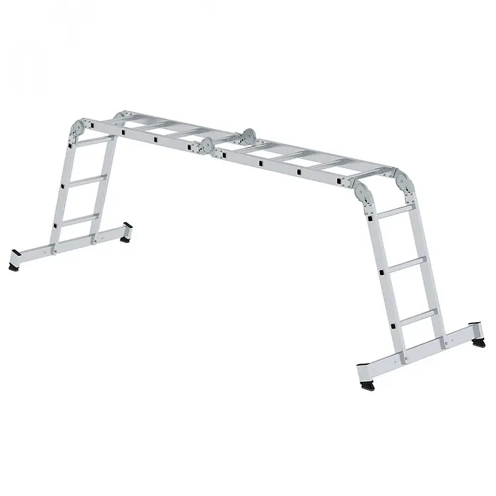 Munk Mehrzweckleiter Vielzweckleiter mit Nivello® Traverse und Holzbelag 2x3 + 2x4 Sprossen - Arbeitshöhe: 5.300 m, Aluminium - Silberne Aluminium-Mehrzweckleiter als Gerüstbasis konfiguriert.