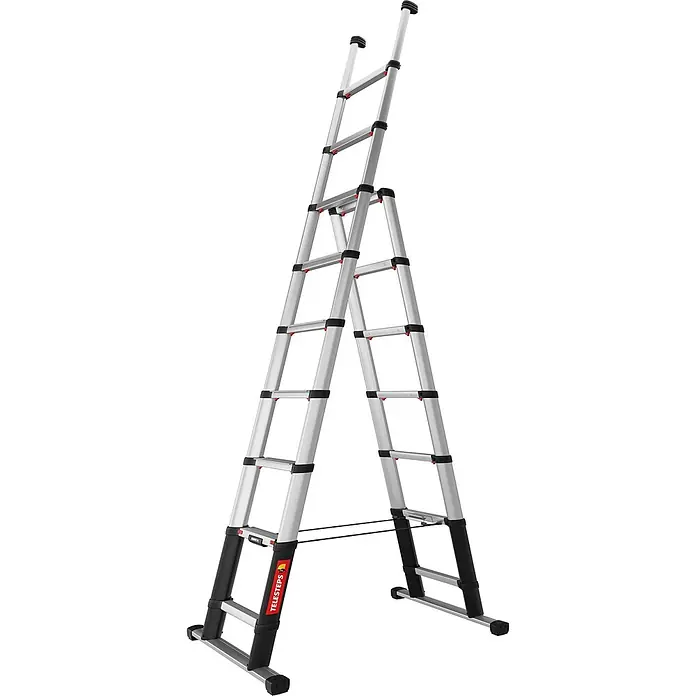 Zarges Mehrzweckleiter Teleskop Kombileiter 9 Stufen - Anzahl Tritte: 9 Stk., Arbeitshöhe: 3.800 m, Belastbarkeit: 150 kg, Aluminium - Silberne Aluminium-Teleskopleiter in A-Form, mit schwarzen Füßen und roten Akzenten.