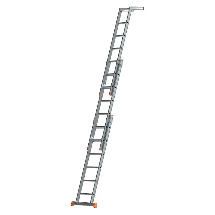 Siedra-Leitern Mehrzweckleiter Plakatleiter 116 mit unlösbarer Bördelung 3x6 Sprossen - Anzahl Tritte: 6 Stk., Arbeitshöhe: 5.380 m, Aluminium - Silberne ausziehbare Aluminiumleiter mit orangefarbenen Sicherheitsfüßen und oberer Verlängerung.