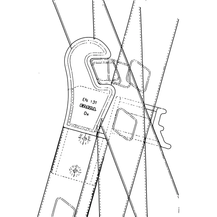 Facal Mehrzweckleiter Mehrzweckleiter SUPERPRIMA S600 2-teilig 6+7 Sprossen - Anzahl Tritte: 6 Stk., Arbeitshöhe: 4.500 m, Aluminium - Technischer Plan eines Sicherheitsbauteils, möglicherweise für eine Leiter, mit Normkennzeichnungen.