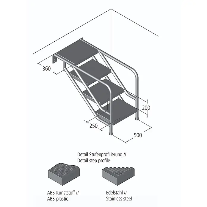 Ideal Eichenwald Anlegeleiter Pooltreppe Modell 08.3 Miami nur Unterteil Beckentiefe 1199mm 4 -Waffelblec - Anzahl Tritte: 4 Stk., Belastbarkeit: 120 kg, Edelstahl - Graue Metall-Zugangstreppe mit vier Stufen und Handlauf, wandmontiert. Details zu Stufenprofilen in ABS-Kunststoff und Edelstahl.