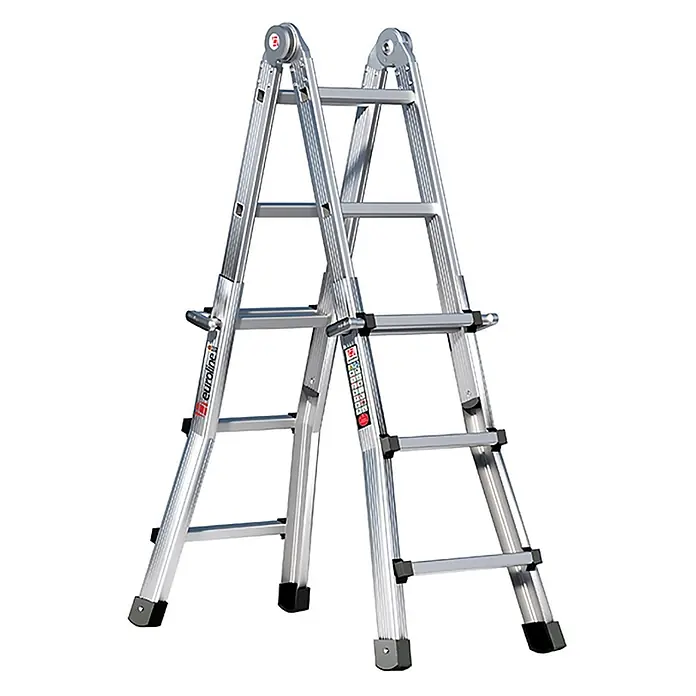 Euroline Mehrzweckleiter Premium 31601 Vario-Klappleiter 4x3 Sprossen - Anzahl Tritte: 3 Stk., Arbeitshöhe: 3.850 m, Aluminium - Silberne Mehrzweck-Gelenk-Aluminiumleiter.