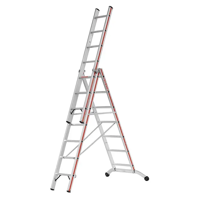 Hymer Mehrzweckleiter Stufenmehrzweckleiter mit Wandlaufrollen 3x7 Sprossen/Stufen - Arbeitshöhe: 5.670 m, Aluminium - Verstellbare silberne Aluminium-Mehrzweckleiter mit roten Akzenten, im A-Rahmen-Aufbau gezeigt.