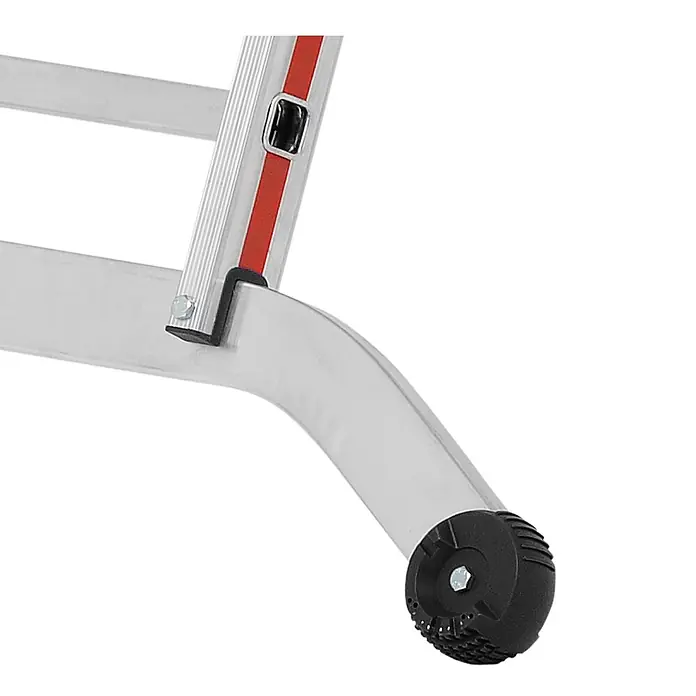 Hymer Mehrzweckleiter Stufenmehrzweckleiter mit Wandlaufrollen 3x6 Sprossen/Stufen - Arbeitshöhe: 4.890 m, Aluminium - Nahaufnahme eines silbernen Leiterbeins mit rotem Streifen und schwarzem Anti-Rutsch-Gummifuß.