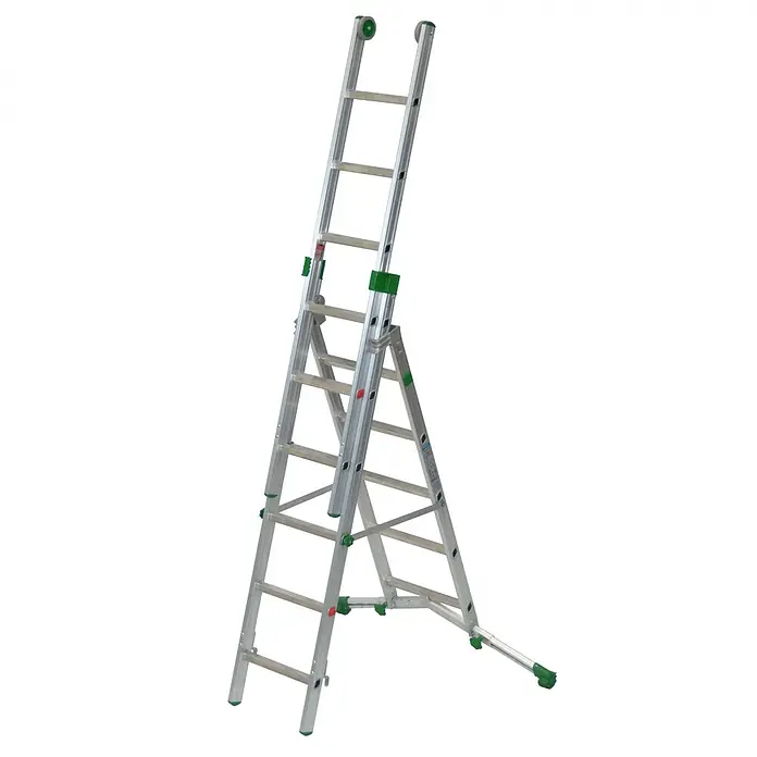 Facal Mehrzweckleiter Mehrzweckleiter SUPERPRIMA S600 3-teilig 5+6+6 Sprossen - Anzahl Tritte: 5 Stk., Arbeitshöhe: 5.100 m, Aluminium - Vielseitige Aluminium-Mehrzweckleiter mit grünen Akzenten, als Steh- oder Anlegeleiter konfigurierbar.