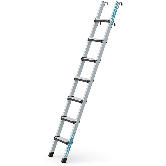Zarges Mehrzweckleiter Regaleinhängeleiter Comfortstep LH mit 7 Sprossen - Anzahl Tritte: 7 Stk., Arbeitshöhe: 2.830 m, Aluminium - Silberne Aluminium-Hakenleiter mit schwarzen Stufen und Füßen, mit blauem ZARGES-Logo.