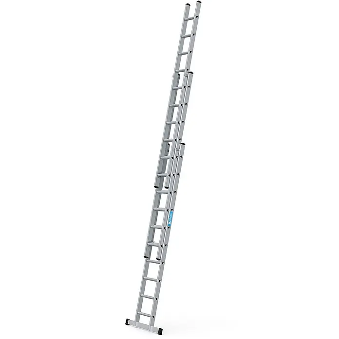 Zarges Mehrzweckleiter Everest 3DE Schiebeleiter 3x10 Sprossen - Anzahl Tritte: 10 Stk., Arbeitshöhe: 7.250 m, Aluminium - Silberfarbene, dreiteilige ausziehbare ZARGES Aluminiumleiter, anlehnend dargestellt.