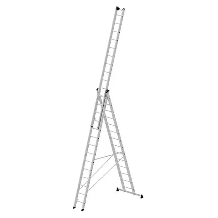 Munk Mehrzweckleiter Mehrzweckleiter mit Nivello® Traverse 3x14 Sprossen - Anzahl Tritte: 14 Stk., Arbeitshöhe: 10.800 m, Aluminium - Silberne Aluminium-Mehrzweckleiter in A-Rahmen-Konfiguration mit einem ausgefahrenen dritten Element.