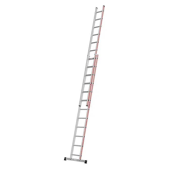 Hymer Mehrzweckleiter Schiebeleiter 2x12 Sprossen - Arbeitshöhe: 6.820 m, Aluminium - Silberne Aluminium-Ausziehleiter mit zwei Abschnitten und roten Führungsschienen.