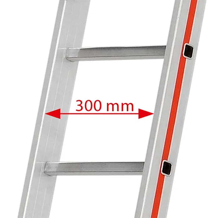 Hymer Mehrzweckleiter Schiebeleiter 2x16 Sprossen - Arbeitshöhe: 8.980 m, Aluminium - Silberne Aluminiumleiter, 300 mm breit. Eine Holmseite hat einen orangefarbenen Streifen.