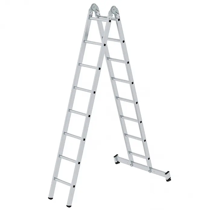Munk Mehrzweckleiter Gelenk-Klappleiter mit Nivello® Traverse 2x8 Sprossen - Anzahl Tritte: 8 Stk., Arbeitshöhe: 5.800 m, Aluminium - Silberne Aluminium-Gelenkleiter in A-Form.