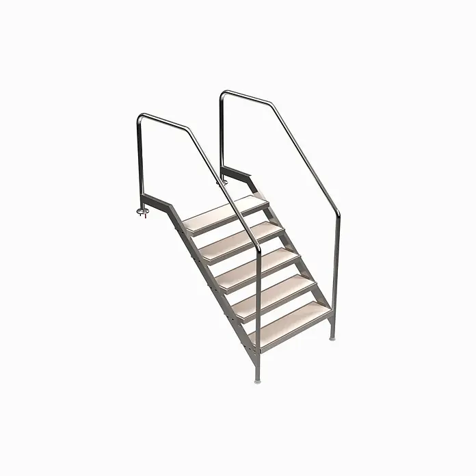 Ideal Eichenwald Mehrzweckleiter Pooltreppe Modell 13 Treppe Stufenbreite 1000mm Beckentiefe 1610mm 7 Stufen - Anzahl Tritte: 7 Stk., Edelstahl - Silberne Metalltreppe mit sechs hellen, texturierten Stufen und Handläufen.