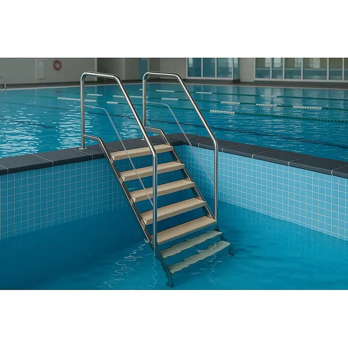 Ideal Eichenwald Mehrzweckleiter Pooltreppe Modell 13 Treppe Stufenbreite 1000mm Beckentiefe 1610mm 7 Stufen - Anzahl Tritte: 7 Stk., Edelstahl - Schwimmbeckenstufen aus Edelstahl mit beigen Trittflächen in einem blau gefliesten Becken.