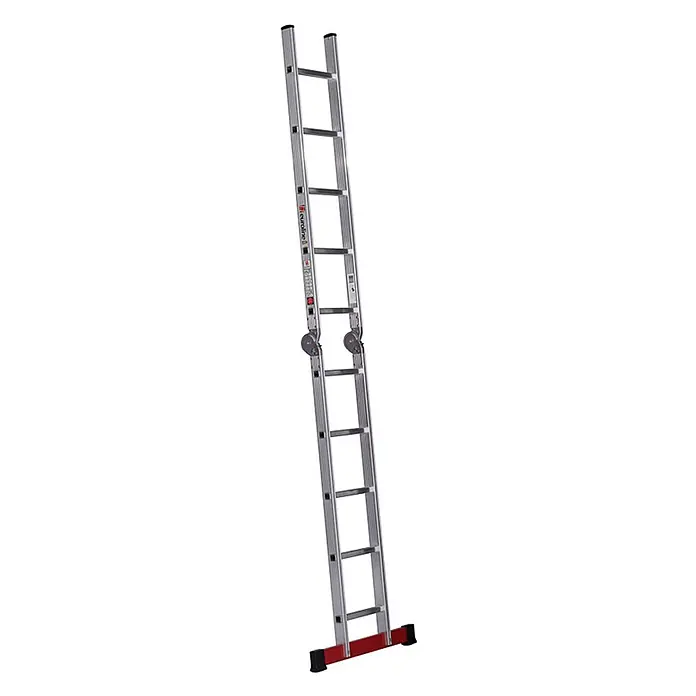 Euroline Mehrzweckleiter Premium 317 Klappleiter 2x4 Sprossen - Anzahl Tritte: 4 Stk., Arbeitshöhe: 3.300 m, Aluminium - Silberne Aluminium-Anlegeleiter mit rotem Fuß und schwarzen Kappen, gelenkig für vielseitigen Einsatz.