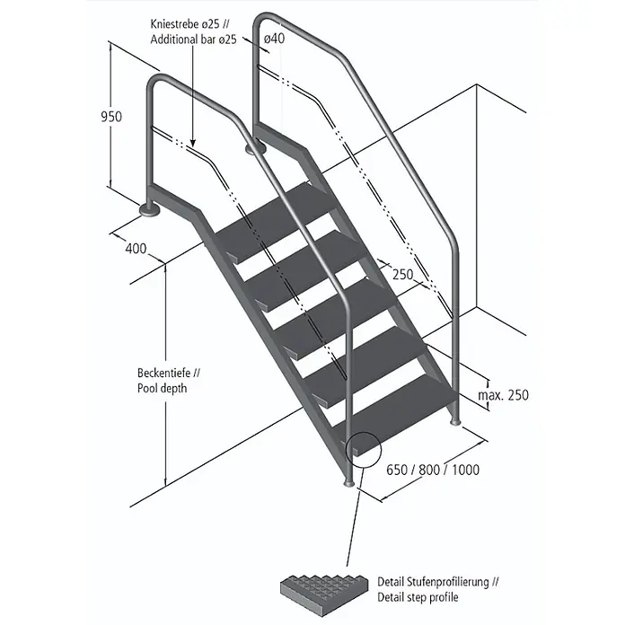 Ideal Eichenwald Mehrzweckleiter Pooltreppe Modell 13 Treppe Stufenbreite 1000mm Beckentiefe 1610mm 7 Stufen - Anzahl Tritte: 7 Stk., Edelstahl - Graue Metall-Pooltreppe mit Handläufen und strukturierten Stufen für den einfachen Einstieg in ein Schwimmbecken.