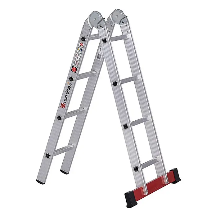 Euroline Mehrzweckleiter Premium 317 Klappleiter 2x4 Sprossen - Anzahl Tritte: 4 Stk., Arbeitshöhe: 3.300 m, Aluminium - Silbergraue Aluminium-Gelenkleiter mit schwarzen Füßen und roter Stabilisierungsstange, vielseitig einsetzbar.