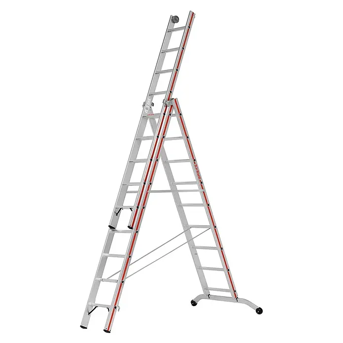 Hymer Mehrzweckleiter Stufenmehrzweckleiter mit Wandlaufrollen 3x9 Sprossen/Stufen - Arbeitshöhe: 7.230 m, Aluminium - Silberne Aluminium-Mehrzweckleiter mit roten Akzenten, als Stehleiter mit Auszug und Rollen am Fuß.