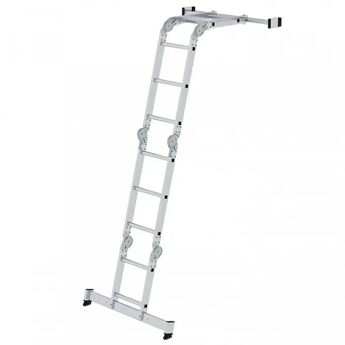 Munk Mehrzweckleiter Vielzweckleiter mit Nivello® Traverse 2x2 + 2x3 Sprossen - Anzahl Tritte: 3 Stk., Arbeitshöhe: 4.000 m, Aluminium - Silberne Aluminium-Mehrzweckleiter mit Gelenken und breiten Standfüßen, schräg ausgefahren.