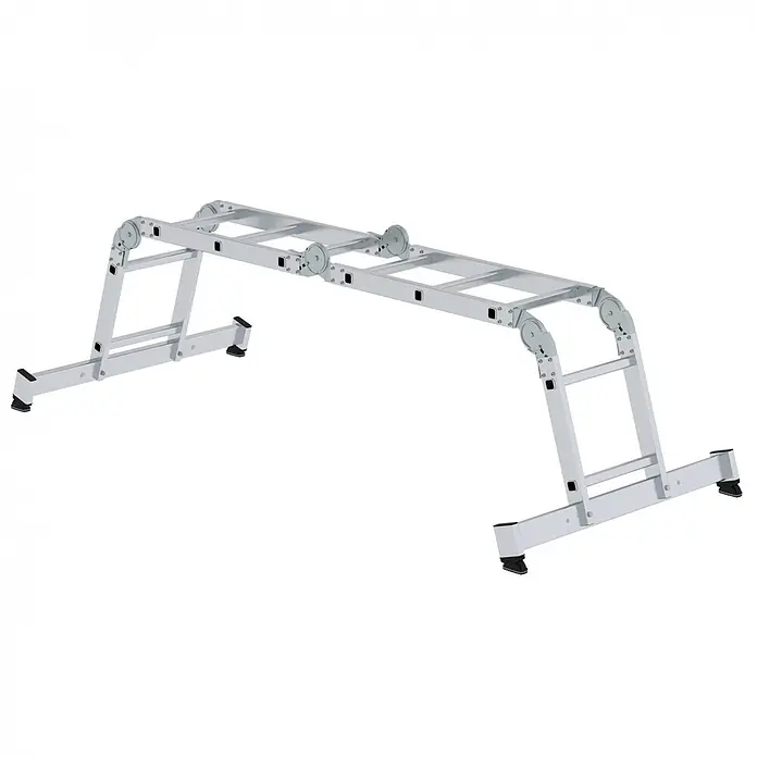 Munk Mehrzweckleiter Vielzweckleiter mit Nivello® Traverse 2x2 + 2x3 Sprossen - Anzahl Tritte: 3 Stk., Arbeitshöhe: 4.000 m, Aluminium - Silberne Aluminium-Gelenkleiter, als kleines Gerüst mit Scharnieren und rutschfesten Füßen konfiguriert.