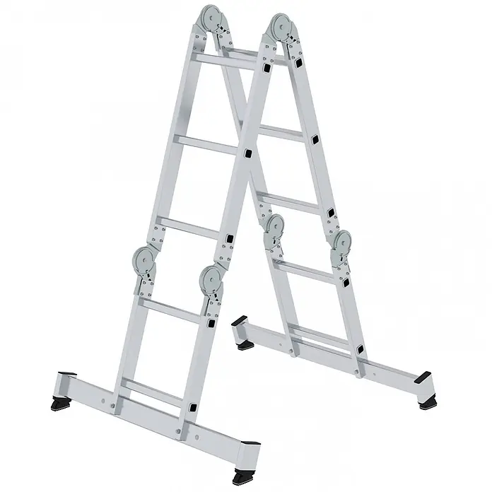 Munk Mehrzweckleiter Vielzweckleiter mit Nivello® Traverse 2x2 + 2x3 Sprossen - Anzahl Tritte: 3 Stk., Arbeitshöhe: 4.000 m, Aluminium - Silberne Aluminium-Gelenkleiter in A-Form, mit stabilen rutschfesten Füßen.