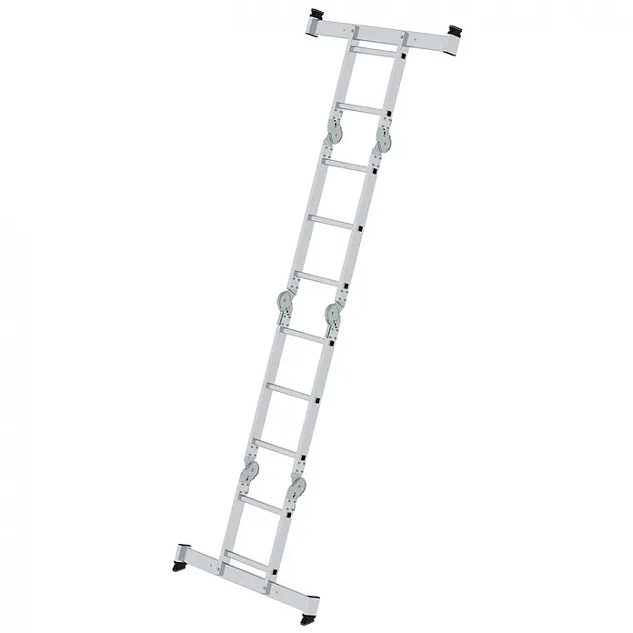 Munk Mehrzweckleiter Vielzweckleiter mit Nivello® Traverse 2x2 + 2x3 Sprossen - Anzahl Tritte: 3 Stk., Arbeitshöhe: 4.000 m, Aluminium - Silberne Aluminium-Mehrzweck-Klappleiter, diagonal angewinkelt.