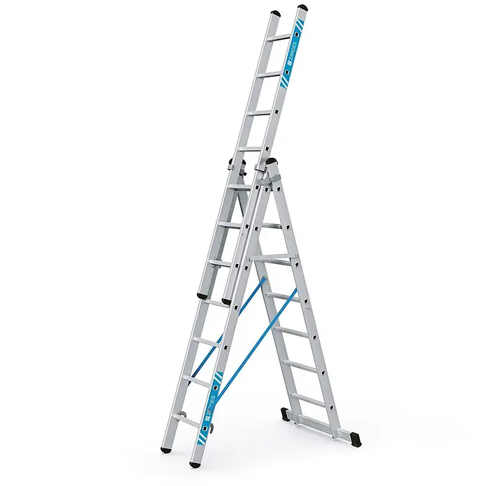 Zarges Mehrzweckleiter Skymaster X Mehrzweckleiter 3x7 Sprossen - Anzahl Tritte: 7 Stk., Arbeitshöhe: 5.750 m, Aluminium - Silberne Aluminium-Mehrzweckleiter mit blauen Akzenten, als Stehleiter mit Verlängerung aufgestellt.