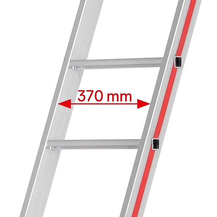 Hymer Mehrzweckleiter Regaleinhängeleiter Einhängehaken 16 Stufen - Anzahl Tritte: 16 Stk., Arbeitshöhe: 5.000 m, Aluminium - Aluminiumleiter zeigt 370 mm Sprossenbreite, mit roten Streifen an den Holmen.