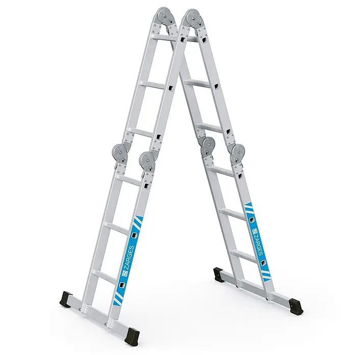 Zarges Mehrzweckleiter Vielzweckleiter Multitec M 4x3 Sprossen - Anzahl Tritte: 3 Stk., Arbeitshöhe: 4.450 m, Aluminium - Silberne Aluminium-Mehrzweck-Gelenkleiter in A-Stellung mit schwarzen Gummifüßen.