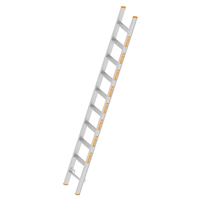 Layher Mehrzweckleiter TOPIC 1041 Allzweckleiter Oberleiter mit rutschhemmenden R12 10 Stufen - Anzahl Tritte: 10 Stk., Arbeitshöhe: 7.200 m, Aluminium - Silberne Aluminiumleiter mit orangen Endkappen, mit „Layher.“-Branding.