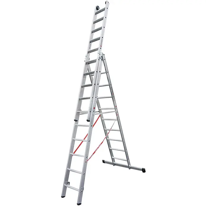 Euroline Mehrzweckleiter Premium 30777 Stufen Mehrzweckleiter mit Wandlaufrollen 3-teilig 3x10 Stufe - Anzahl Tritte: 10 Stk., Arbeitshöhe: 7.800 m, Belastbarkeit: 150 kg, Aluminium - Silberne Aluminium-Mehrzweckleiter mit roten Sicherungsbändern und Rollen, als Stehleiter aufgebaut.