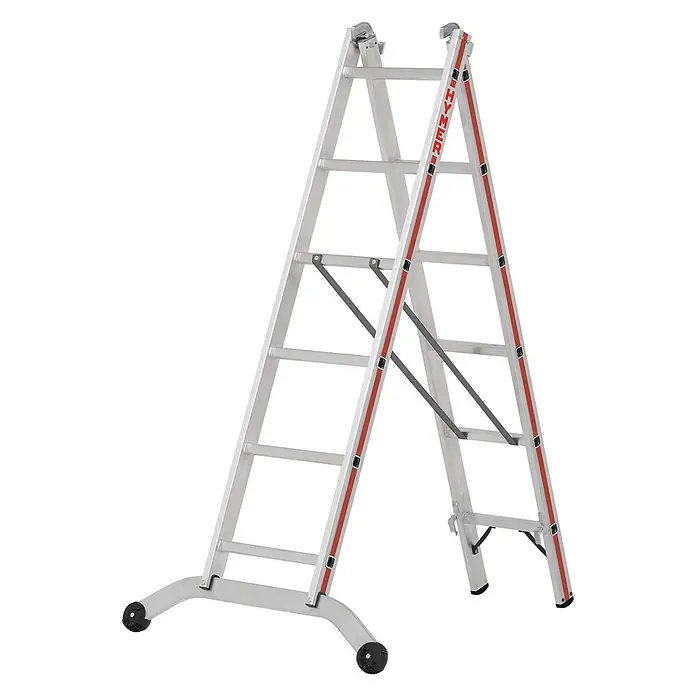 Hymer Mehrzweckleiter Mehrzweckleiter mit gebogener Traverse 2x6 Sprossen - Anzahl Tritte: 6 Stk., Arbeitshöhe: 3.920 m, Aluminium - Doppelseitige Aluminium-Stehleiter mit roten Akzenten und stabiler Basis.