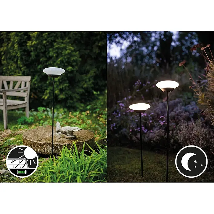 Lumix Solarleuchte Sunny - Lichtfarbe: RGB, Höhe: 100 cm, Sunny - Zwei Solar-Gartenleuchten mit schwarzen Stäben und weißen Diffusoren, die einen Garten bei Tag und Nacht beleuchten.