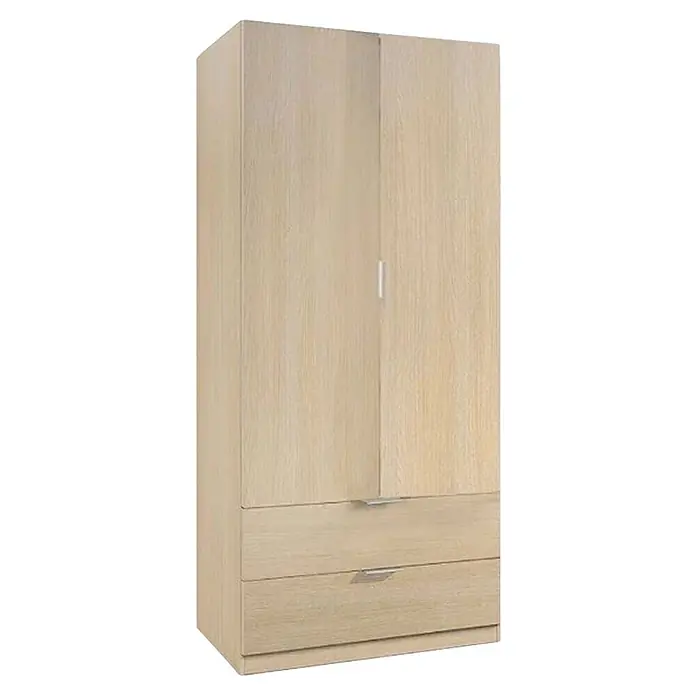 Armario para ropa LCX222 - L x An x Al: 52 x 81 x 180 cm, Roble - Armario de madera clara con dos puertas y dos cajones, con tiradores plateados para almacenamiento.
